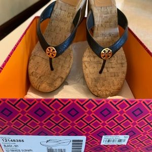 Tory Burch black leather wedge sandal